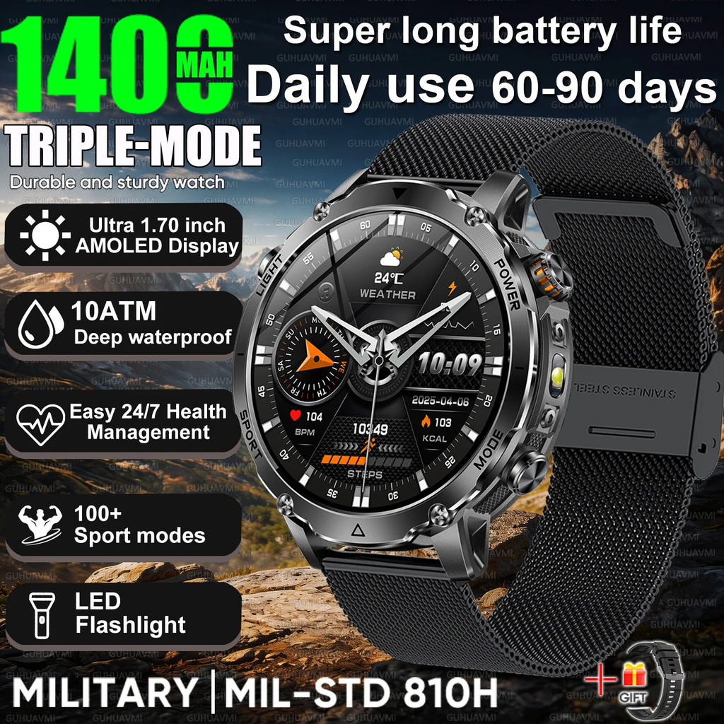 Newly Durable 1400mAh Large Battery Smart Watch Men 1.7" HD Screen IP68K Waterproof LED Flashlight Sports BT Call Smart Bracelet