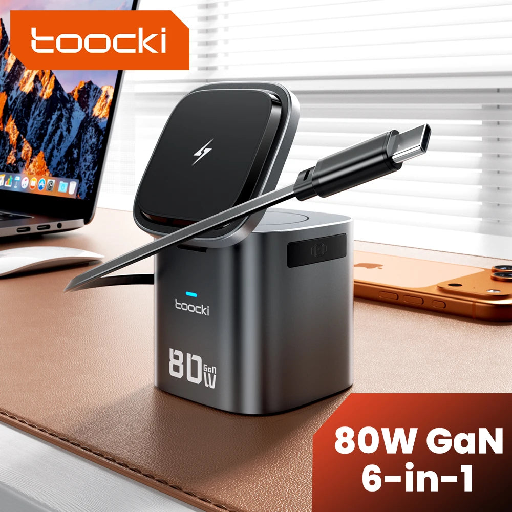 Toocki 80W 6-in-1 GaN Charging Station Type C PD 65W Retractable Fast Charger Wireless Adapter For iPhone 16 17 iWatch AirPods