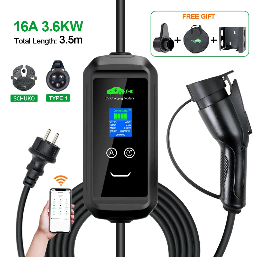ISIGMA Type 1 Type 2 EV Charger Charging Box Electric for Electric Car Tuya APP 6A-16A 3.5M 1 phase EVSE Charging Cable Mode 2