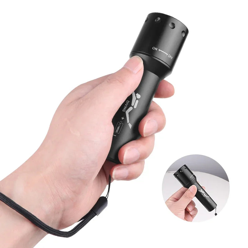 New T6 LED Diving Torch Long-Range Underwater Work Photography Lighting Aluminum Rotating Switch Diving Lamp
