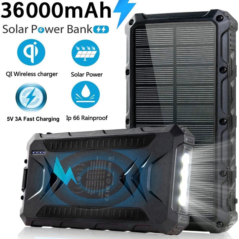 36000mAh Solar Power Bank Fast Wireless Charger Powerbank for iPhone 16 15 Samsung S24 Huawei Xiaomi 3A Fast Charging Powerbank