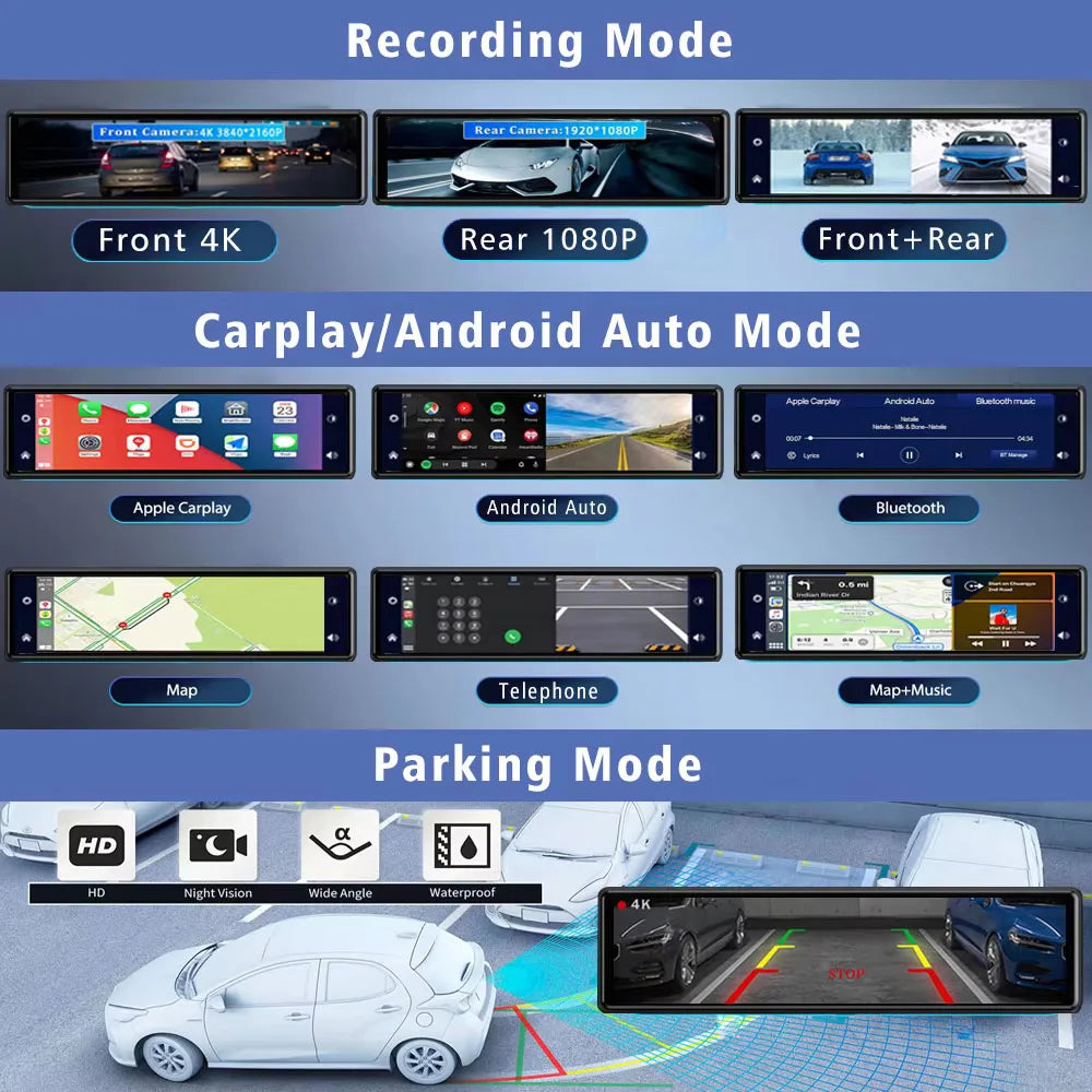 11.26" 4K 2160P Dash Cam Carplay Android Auto Car DVR Dual Lens Wifi GPS BT FM Video Drive Recorder Stream Mirror Dashcam Camera