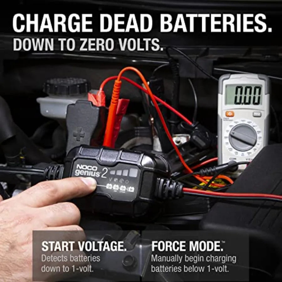 GENIUS2: 2A 6V/12V Smart Battery Charger Automatic Maintainer Trickle Charger and Desulfator with Overcharge Protection and Tem