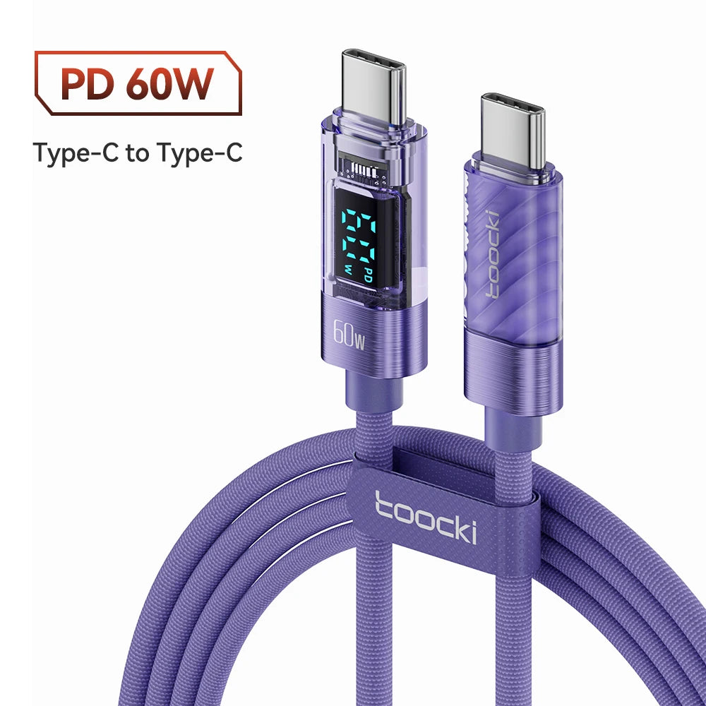 Toocki Type C to USB C Cable for Xiaomi POCO Transparent Digital Display PD100W/60W Fast Charging USB C Data Cable for Samsung