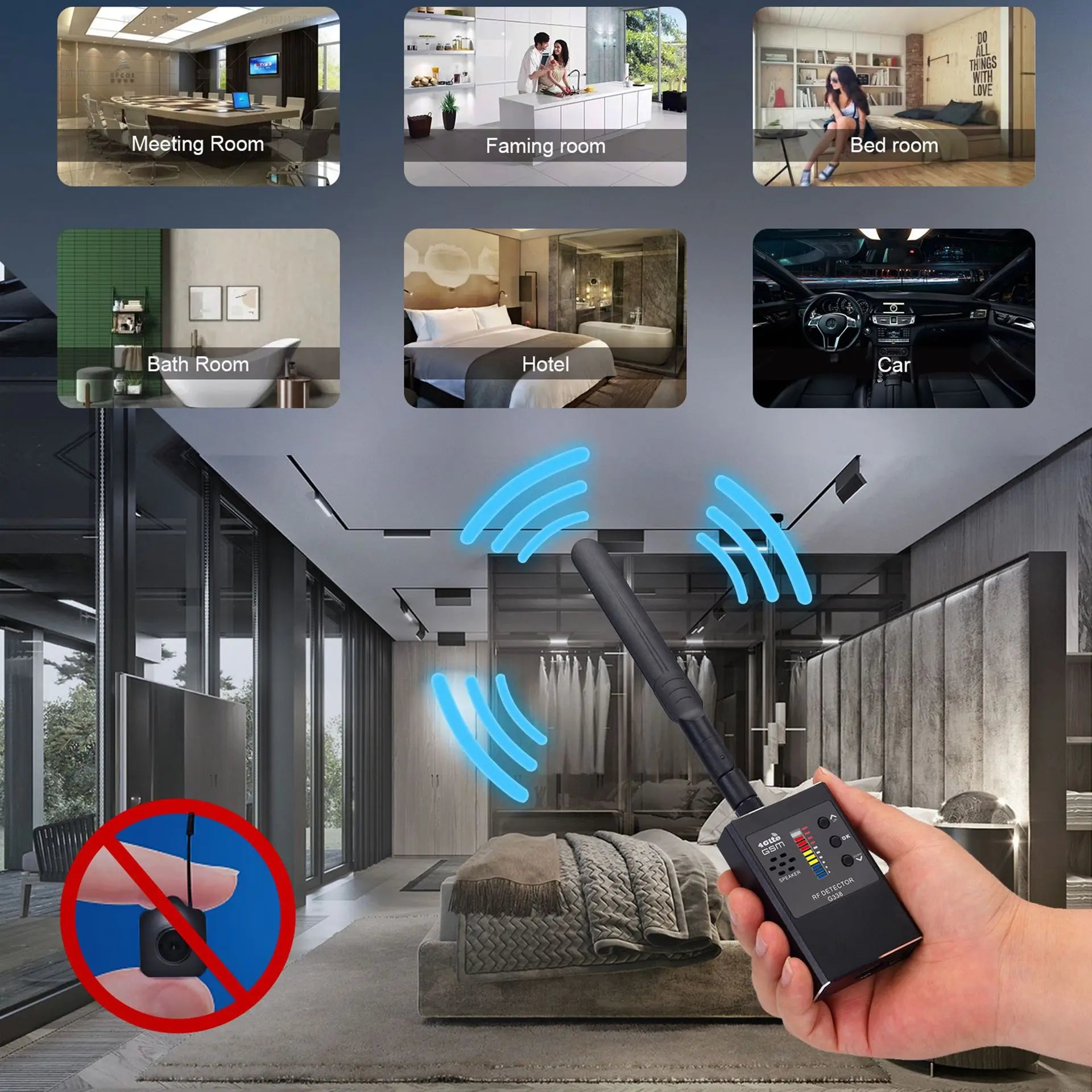 anti spy gadgets Tri-Antenna RF Detector G338 1MHz-8GHz for Business Security, Anti-Tracking Privacy Protection, Vibration Alarm