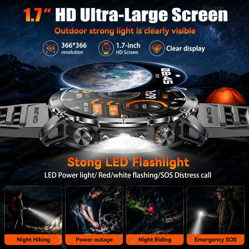 Newly Durable 1400mAh Large Battery Smart Watch Men 1.7" HD Screen IP68K Waterproof LED Flashlight Sports BT Call Smart Bracelet