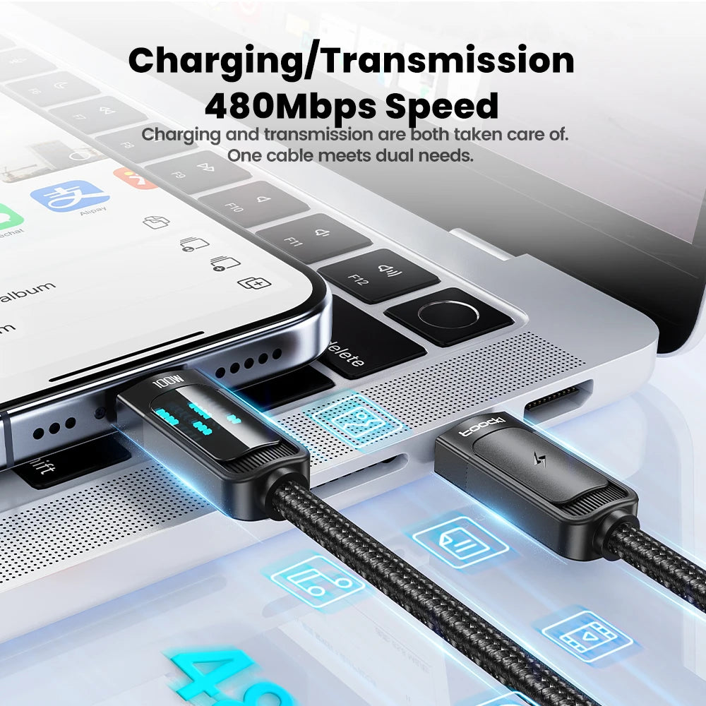 Toocki PD 100W USB C to Type C/Lighting LED Charging Light Fast Charge Cable For Iphone 16 15 Samsung Poco Huawei Xiaomi Tablet