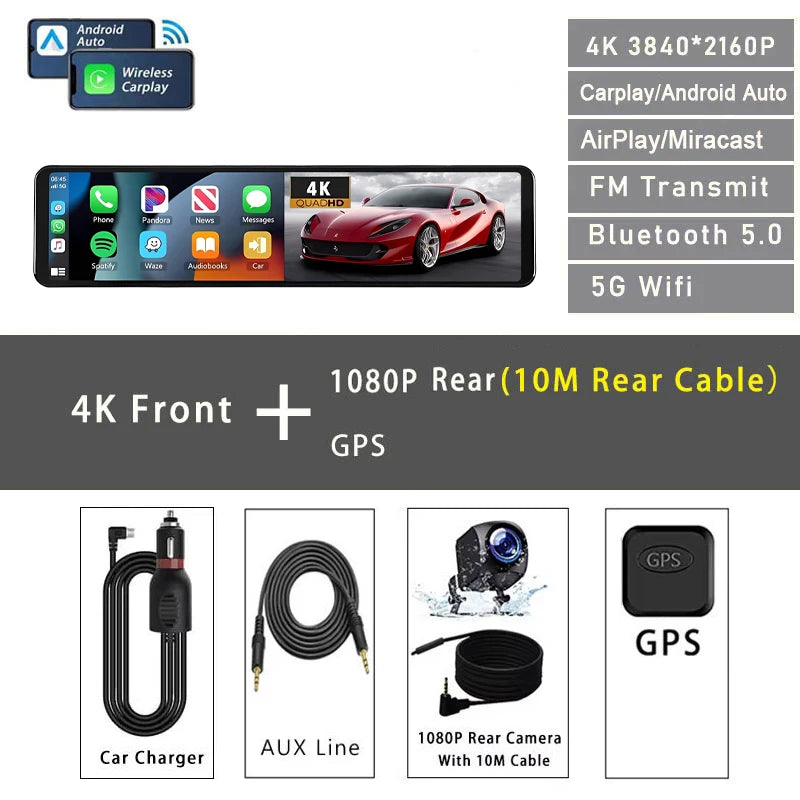 11.26" 4K 2160P Dash Cam Carplay Android Auto Car DVR Dual Lens Wifi GPS BT FM Video Drive Recorder Stream Mirror Dashcam Camera