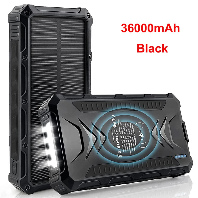 36000mAh Solar Power Bank Fast Wireless Charger Powerbank for iPhone 16 15 Samsung S24 Huawei Xiaomi 3A Fast Charging Powerbank