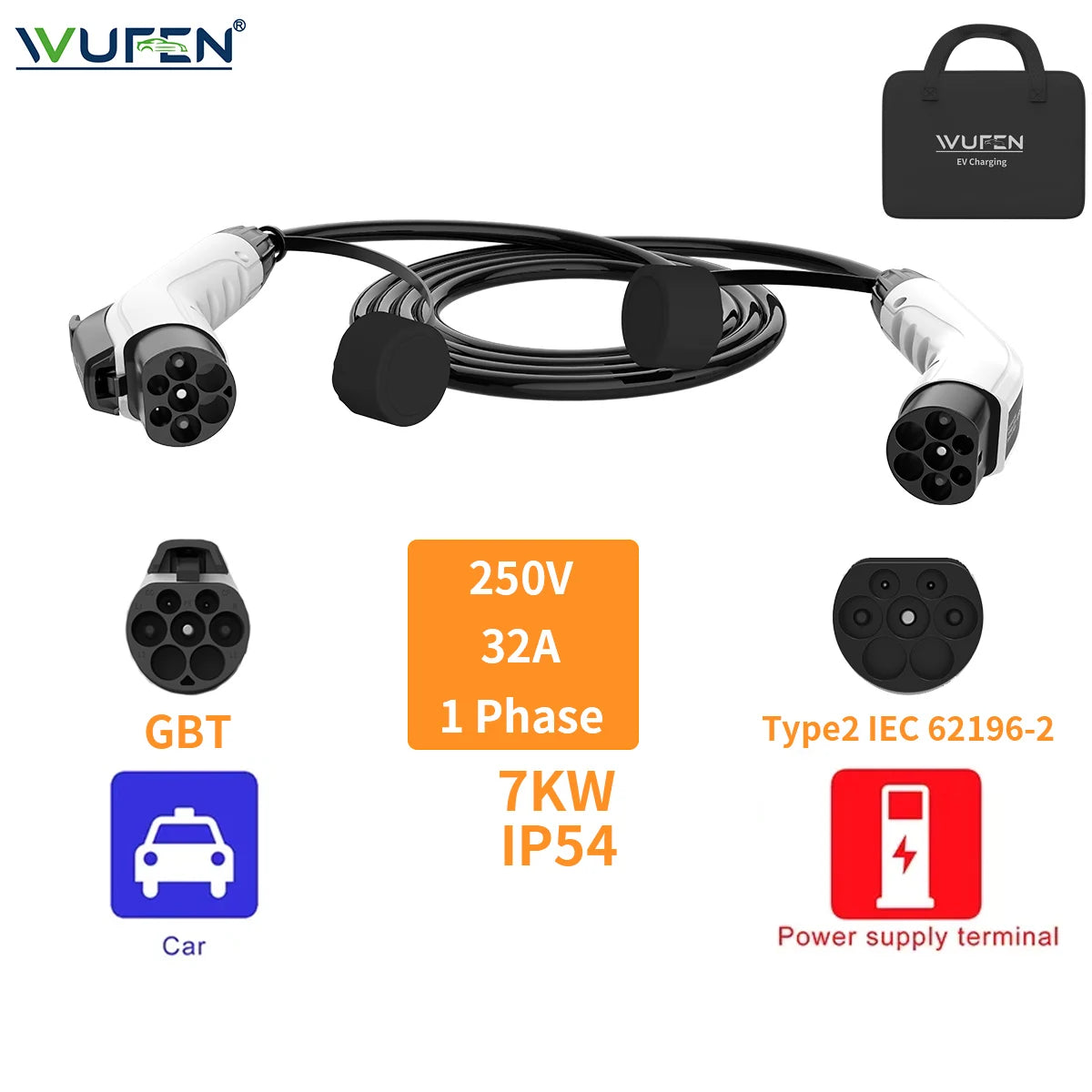 WUFEN 16A/32A 3.5/7/11/22kW Type 2 to GBT Protable Charging Cable IEC 62196-2 Charger For Electric Vehicles Car Public Station