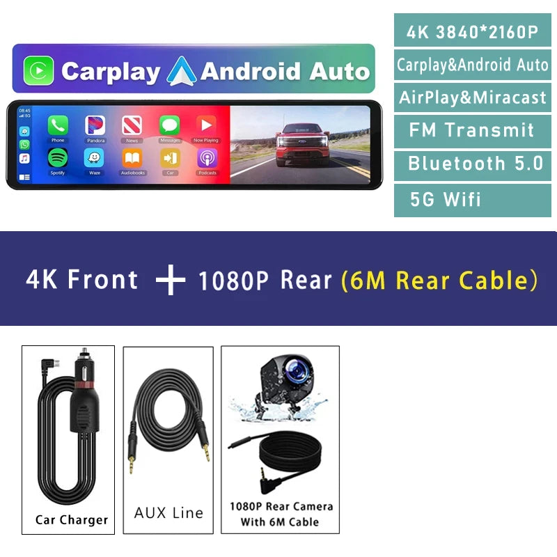11.26" 4K 2160P Dash Cam Carplay Android Auto Car DVR Dual Lens Wifi GPS BT FM Video Drive Recorder Stream Mirror Dashcam Camera