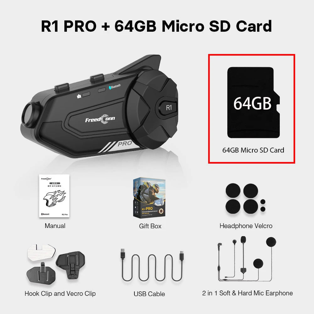 Freedconn Motorcycle Intercom Helmet Bluetooth Headset Dvr Group Headphone WiFi App Motorbike Dash Cam Interphone