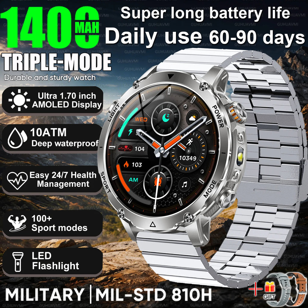 Newly Durable 1400mAh Large Battery Smart Watch Men 1.7" HD Screen IP68K Waterproof LED Flashlight Sports BT Call Smart Bracelet