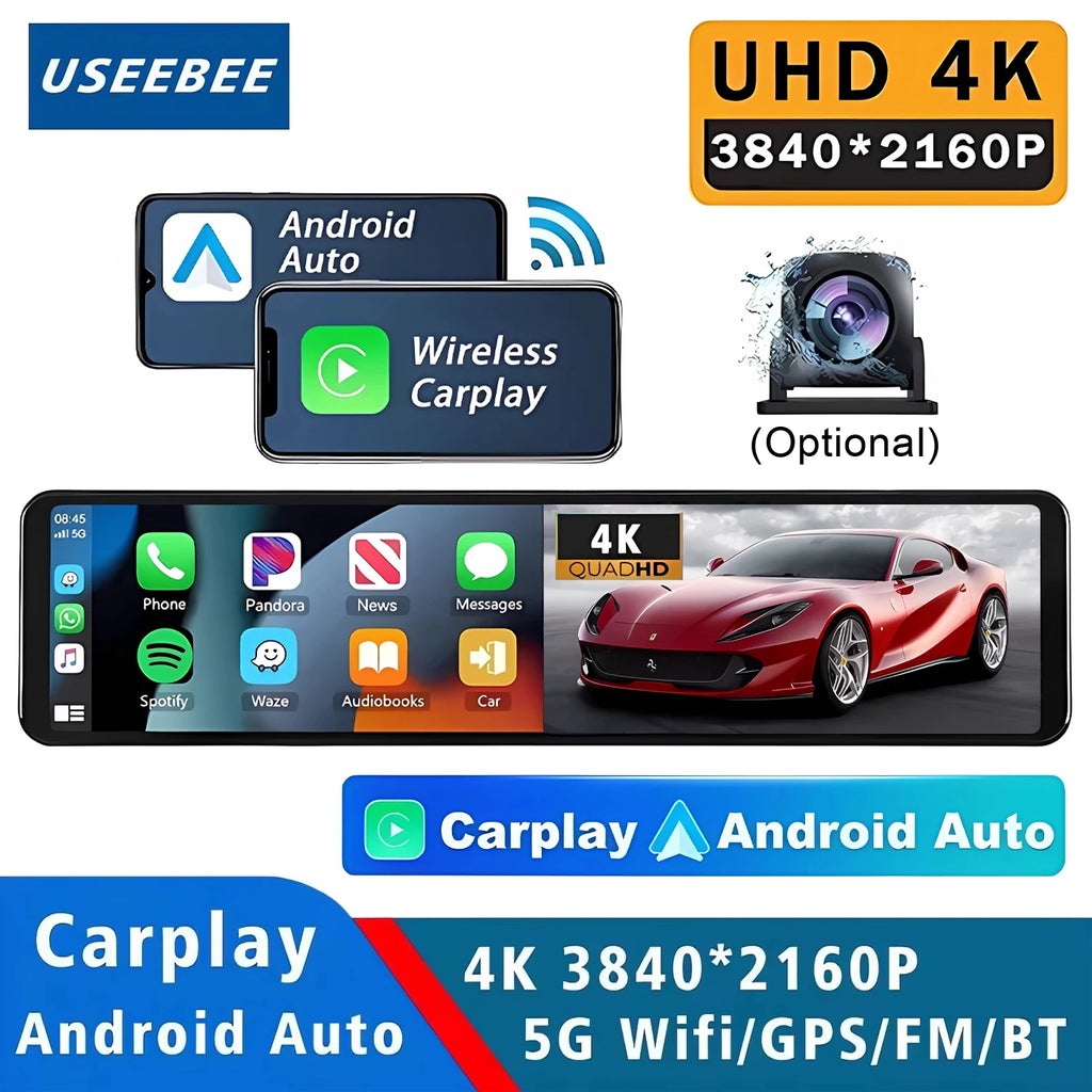 11.26" 4K 2160P Dash Cam Carplay Android Auto Car DVR Dual Lens Wifi GPS BT FM Video Drive Recorder Stream Mirror Dashcam Camera