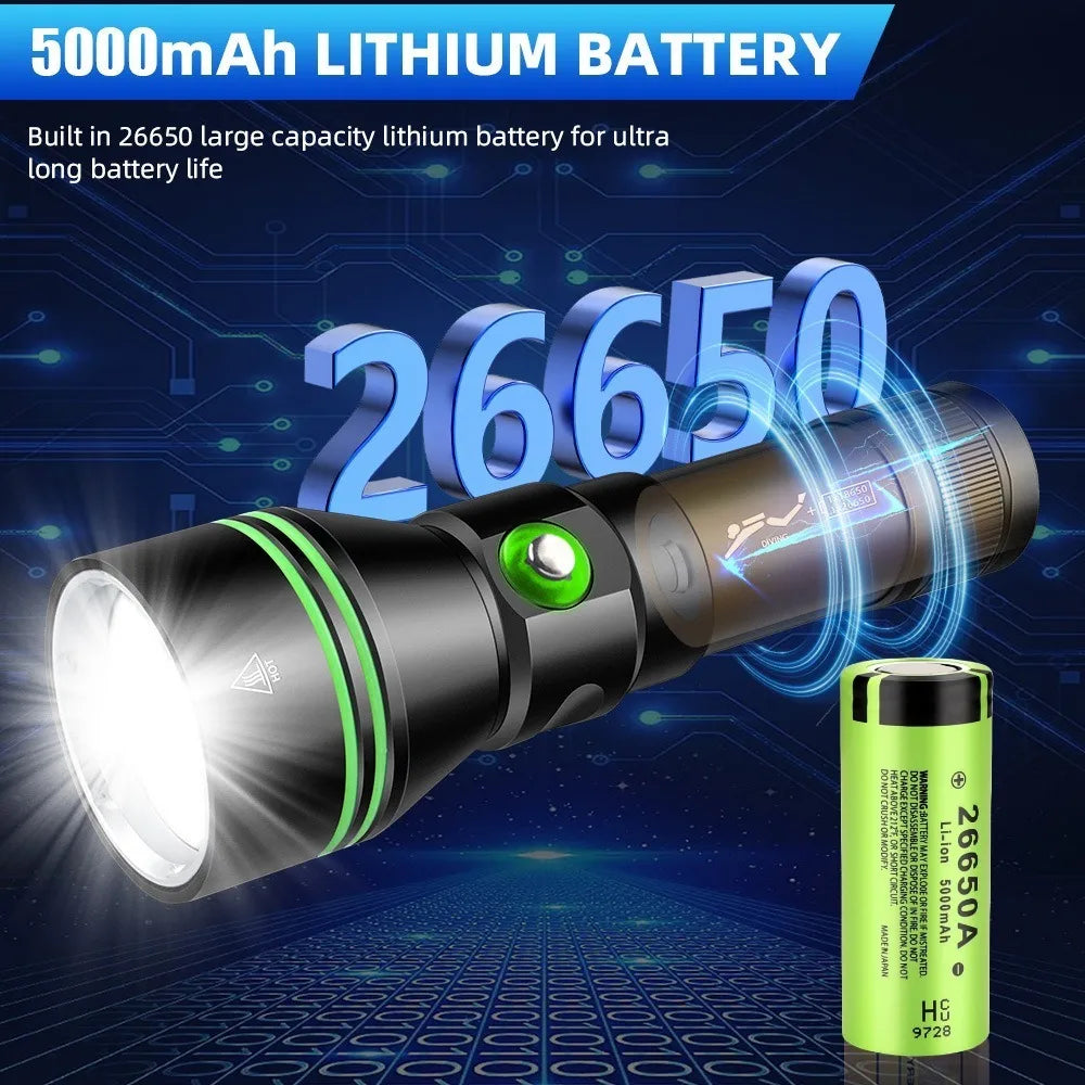 Super Bright XHP70 LED Scuba Diving Flashlight Underwater Dive Torch IPX8 Waterproof Night Diving Emergency Lantern