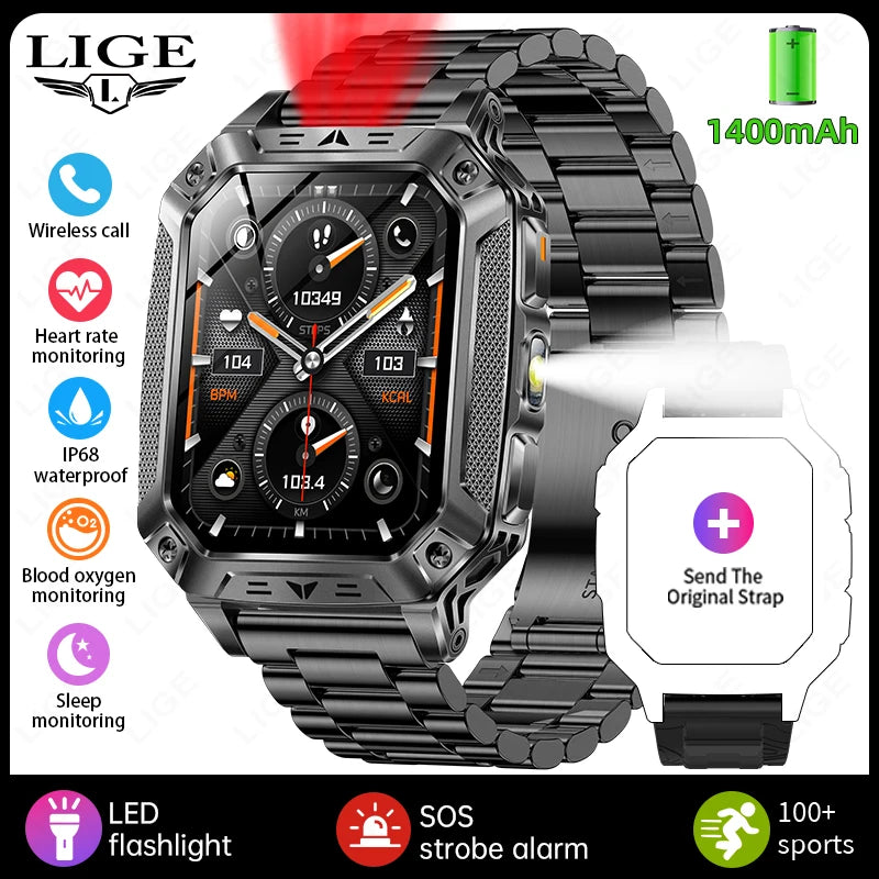 LIGE New Military 1400mAh Long Battery Llife Battery Smart Watch IP68 Waterproof Tactical Sports SOS & Flashlight Men Smartwatch