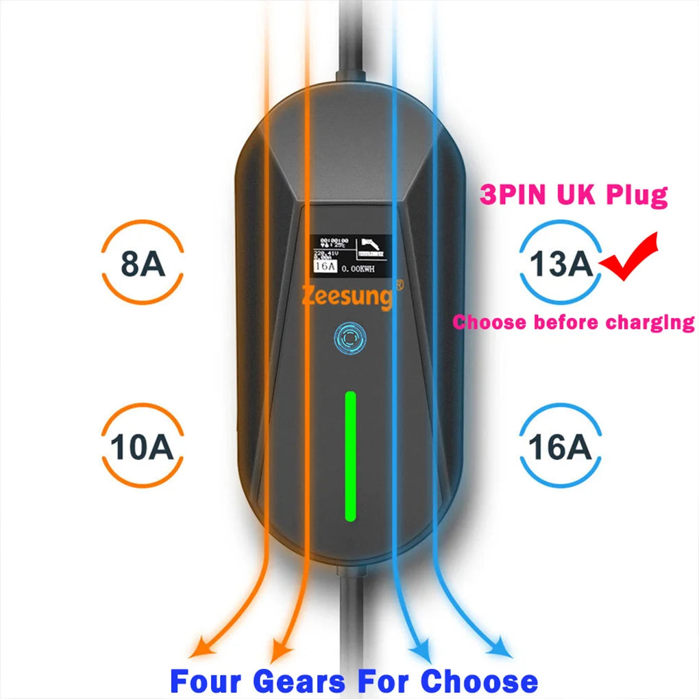 13A 3KW Portable Type 2 IEC62196-2 EV Charger Electric Car Charger EVSE Charging Cable Wallbox UK Plug