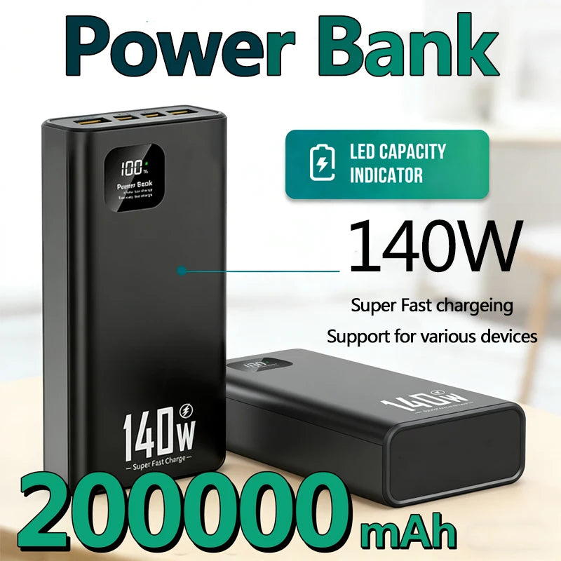 140W 200000mAh High Capacity Power Bank Super Fast Charging Powerbank Portable Battery Charger for iPhone Samsung Xiaomi Huawei