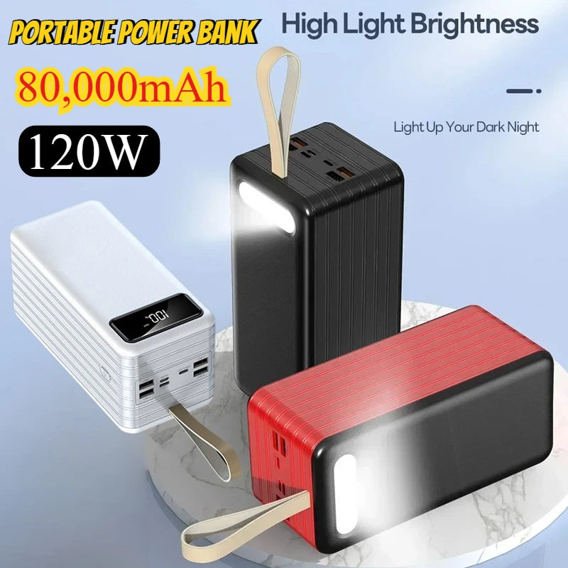 80000mAh Power Bank 120W Fast Charging Portable Charger External Spare Battery for IPhone Huawei Xiaomi Cell Phone Powerbank