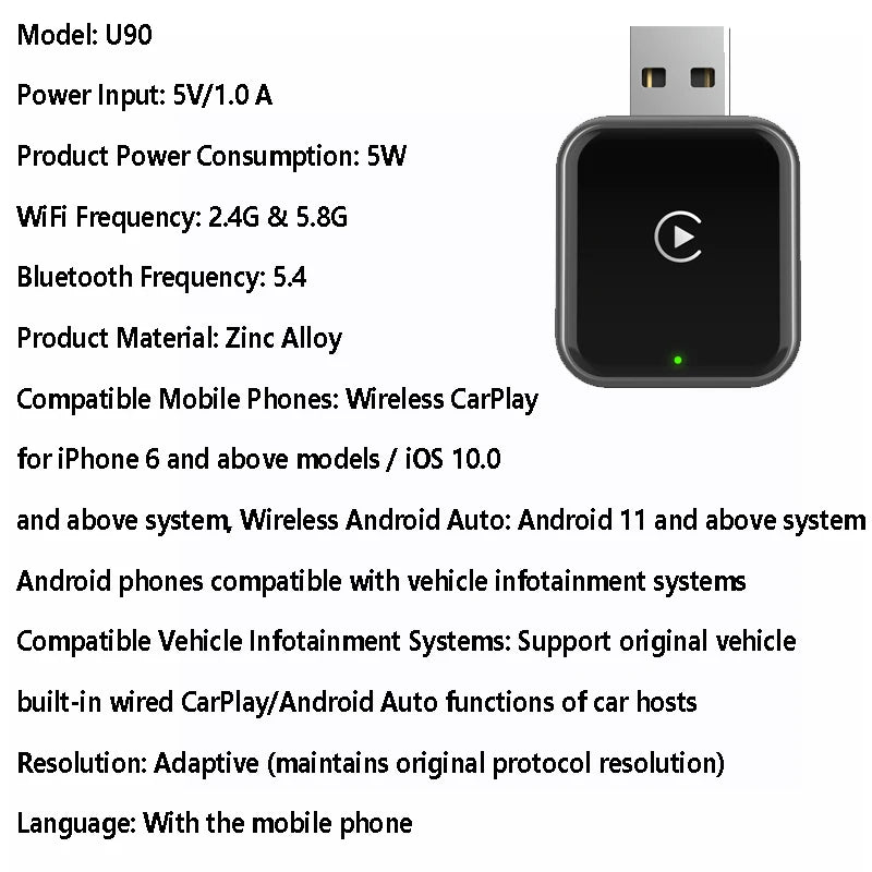 Vyvylabs Wireless CarPlay Adapter Fast Auto-Connect Mini Box USB Plug-and-play for iPhone 6 and Android 11 above with USB-A Port