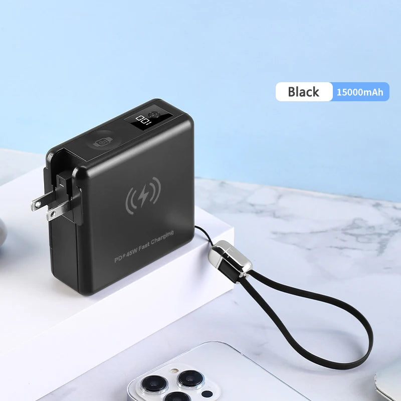 15000mAh Magsafe Power Bank with AC Plug Wall Charger Magnetic Wireless PD45W Fast Charger for iPhone 16 iWatch Laptop Powerbank