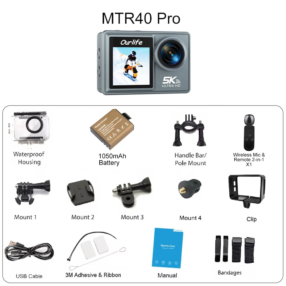 Ourlife MTR40 Pro 5K Action Camera 4K60FPS 2.0" Touch Screen 170° 30M Waterproof 5X Zoom WiFi Professional Helmet Sports Camera