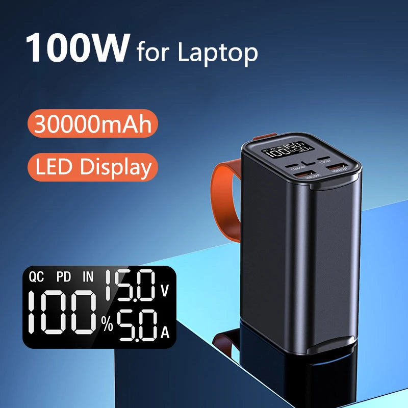 PD 100W Power Bank 30000mAh External Battery Fast Charging Portable Charger Powerbank For Laptop iPhone 16 Samsung Xiaomi Huawei