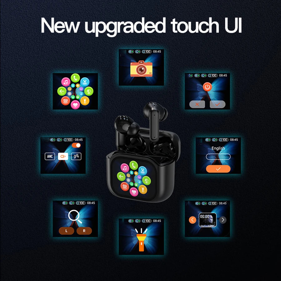 2025 AI Translation Bluetooth Earphones With Smart Display Long Battery Life Noise Reduce New Wireless Digital Display Headset