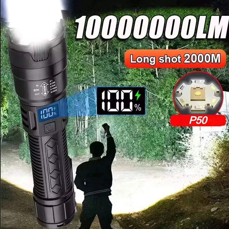 High Strong Power Led Flashlights 2000LM Tactical Torch with Display Light USB Charging Camping Fishing Emergency Zoom Lantern