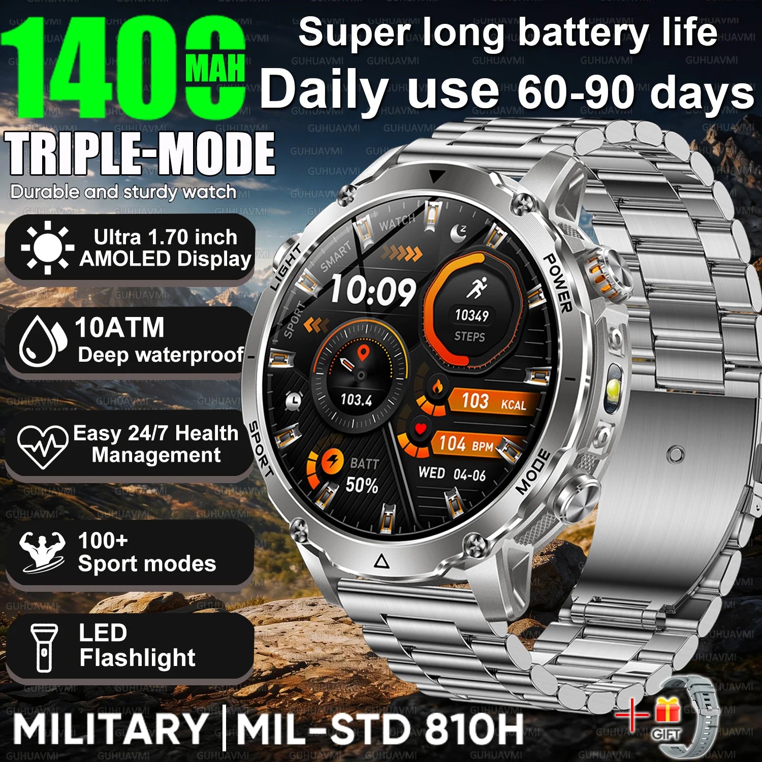 Newly Durable 1400mAh Large Battery Smart Watch Men 1.7" HD Screen IP68K Waterproof LED Flashlight Sports BT Call Smart Bracelet