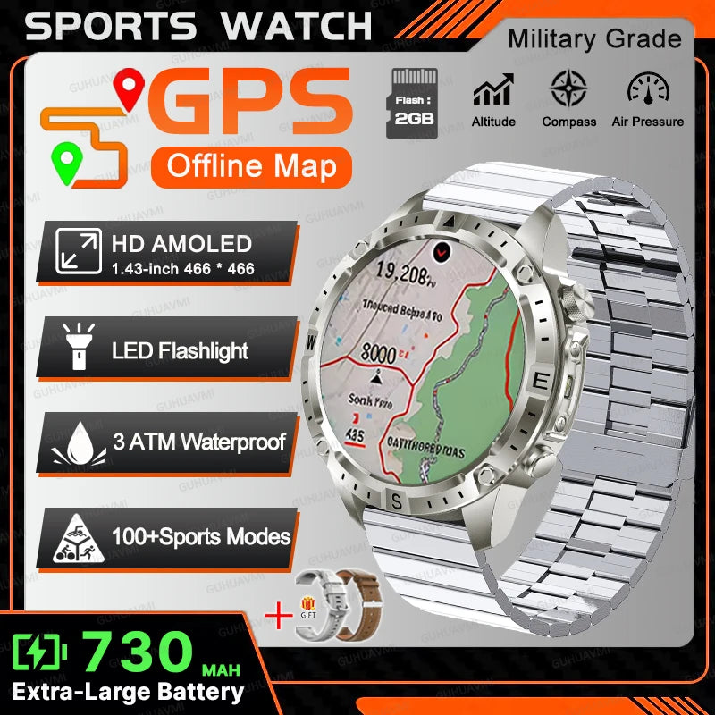 2026New Outdoor Military GPS Navigation Men SmartWatch Offline Map 2GB RAM 730 mAh Compass Flashlight 1.43" AMOLED HD Call Watch