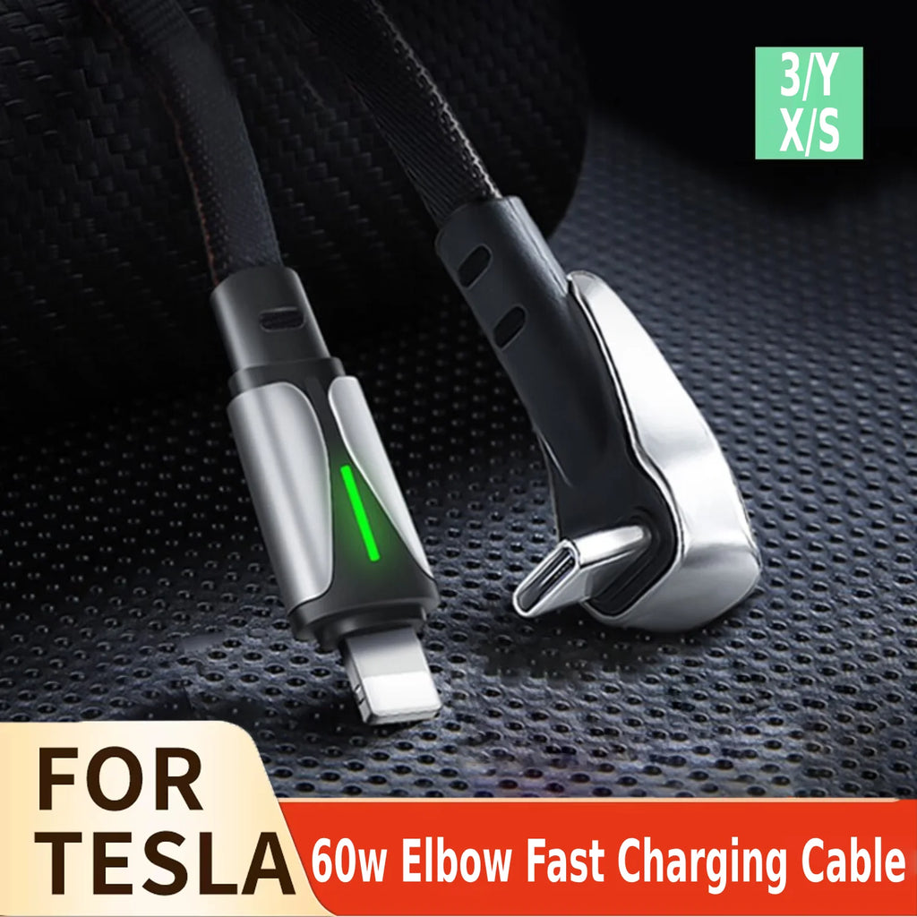 For Tesla Fast Charging Cable Car Phone Charging Cable PD 60W Type C 90 Degree USB C Charger For Tesla Model 3/Y Phone Charging