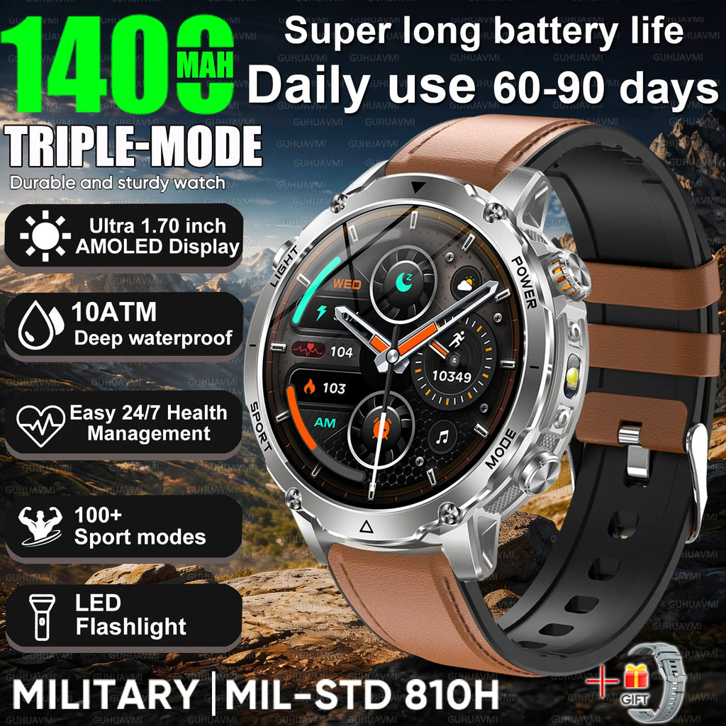 Newly Durable 1400mAh Large Battery Smart Watch Men 1.7" HD Screen IP68K Waterproof LED Flashlight Sports BT Call Smart Bracelet