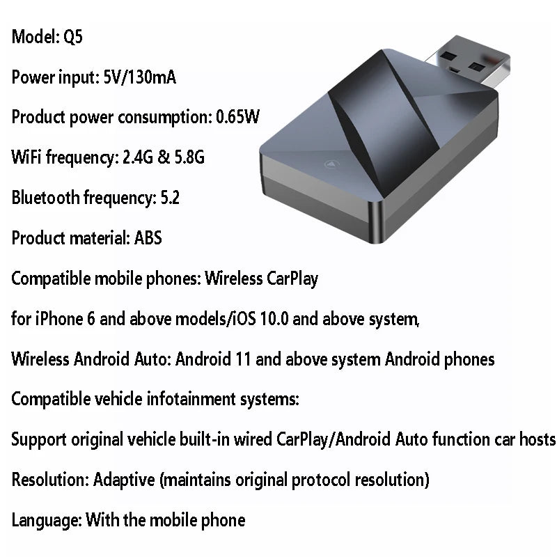 Vyvylabs Wireless CarPlay Adapter Fast Auto-Connect Mini Box USB Plug-and-play for iPhone 6 and Android 11 above with USB-A Port