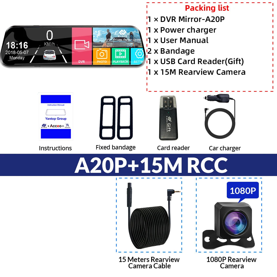 Mirror Camera for Car Touch Screen  Video Recorder Rearview mirror Dash Cam Front and Rear Camera Mirror DVR Black Box