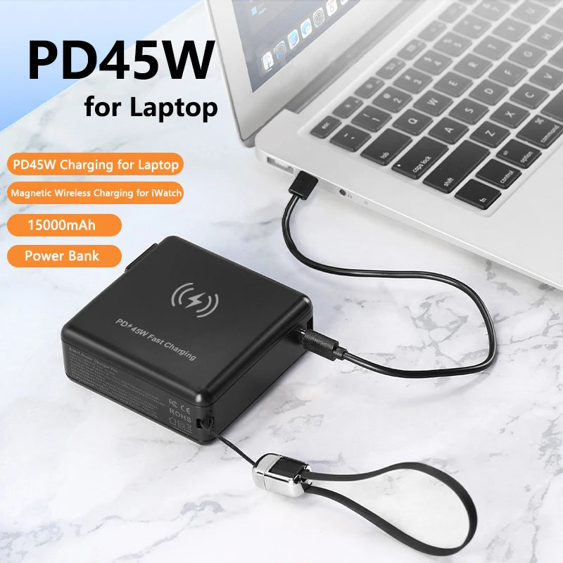 15000mAh Magsafe Power Bank with AC Plug Wall Charger Magnetic Wireless PD45W Fast Charger for iPhone 16 iWatch Laptop Powerbank