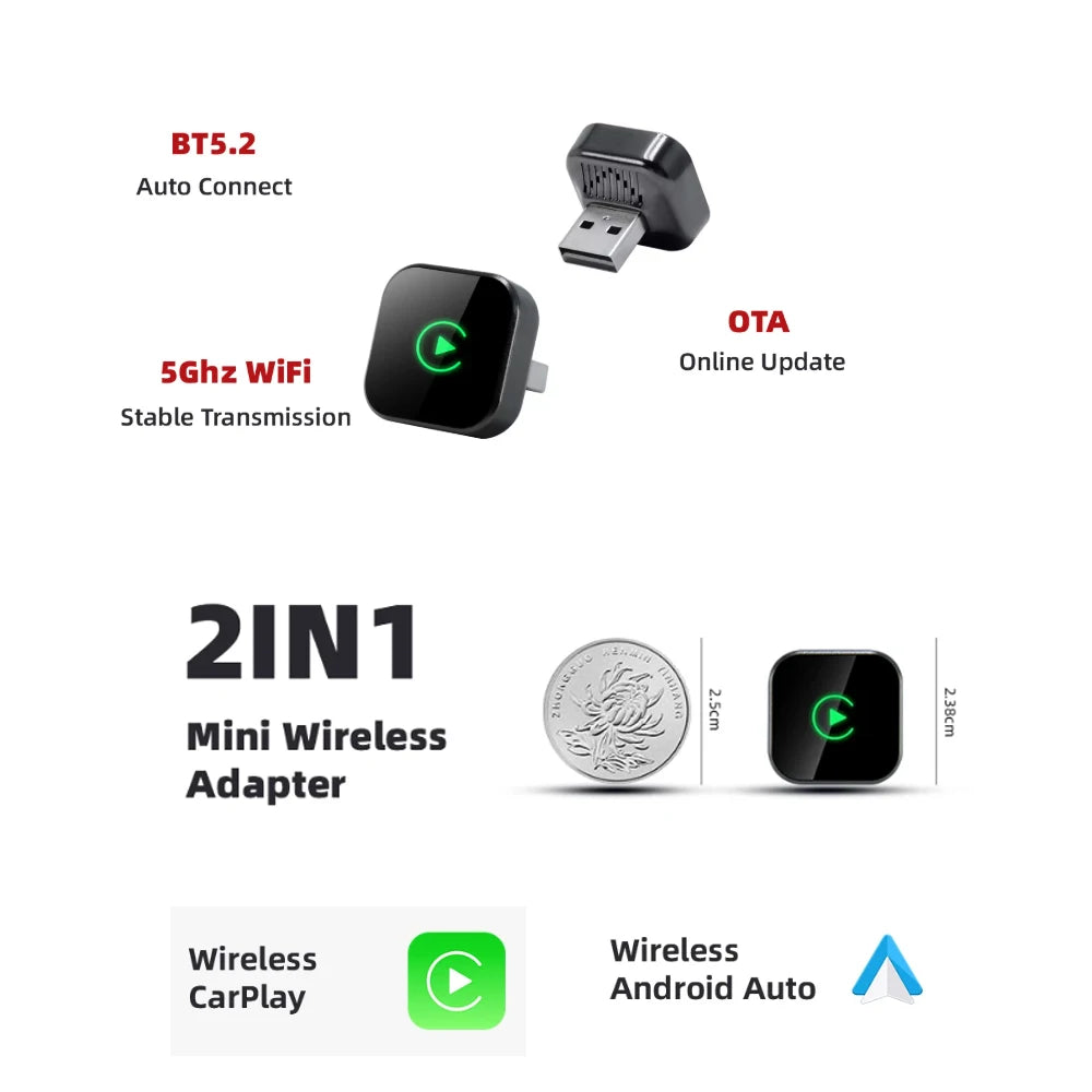 Skilldrive 2026 Mini 2 in 1 CarPlay Wireless Android Auto Adapter AI Smart Box Intelligent System USB for Wired CarPlay Car