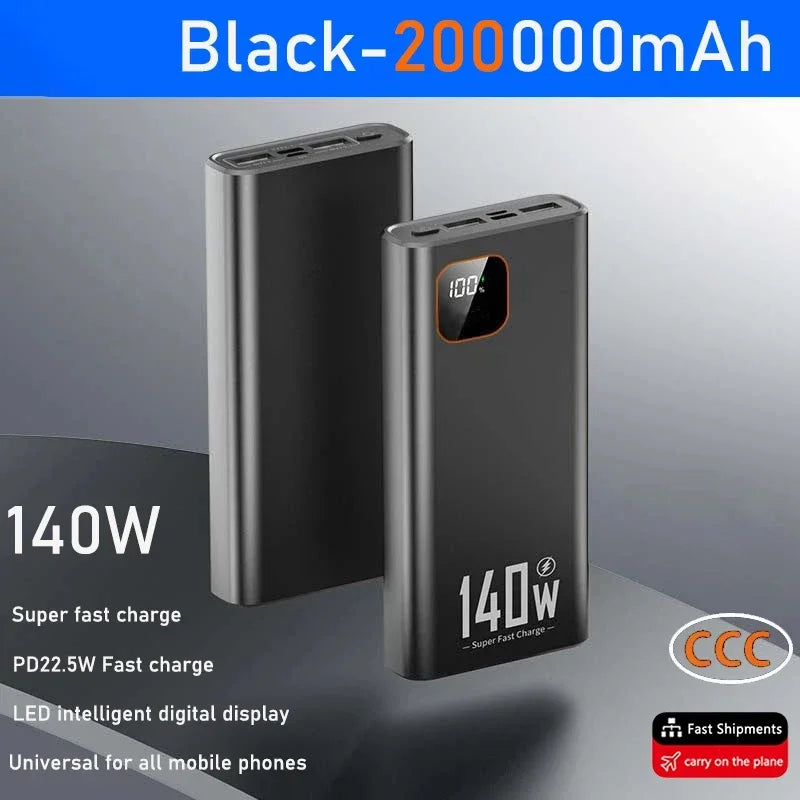 140W 200000mAh High Capacity Power Bank Super Fast Charging Powerbank Portable Battery Charger for iPhone Samsung Xiaomi Huawei
