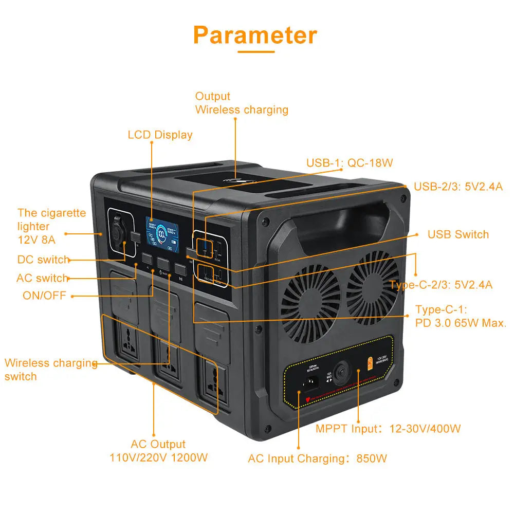 1200W Portable Solar Generator, LiFePO4 Battery MPPT Power Station Emergency Energy Storage for Camping Car Outdoor RV