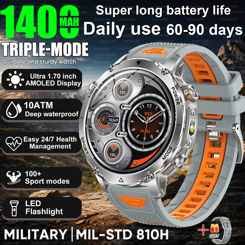 Newly Durable 1400mAh Large Battery Smart Watch Men 1.7" HD Screen IP68K Waterproof LED Flashlight Sports BT Call Smart Bracelet