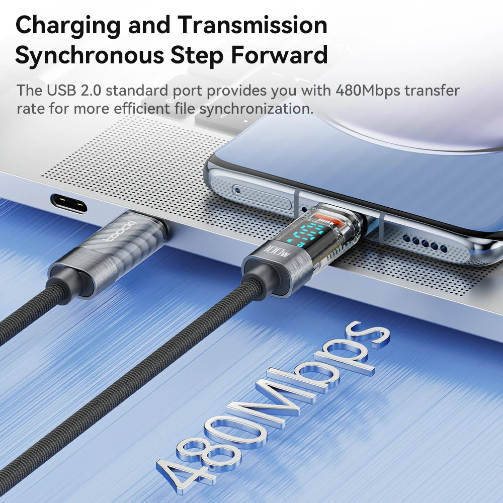 Toocki Type C to USB C Cable for Xiaomi POCO Transparent Digital Display PD100W/60W Fast Charging USB C Data Cable for Samsung
