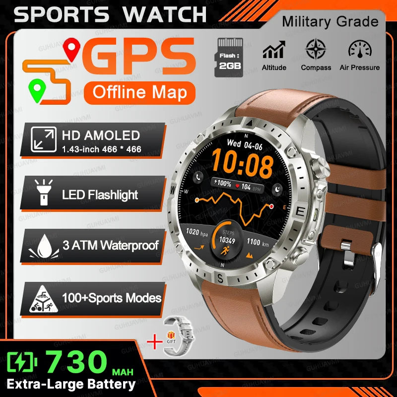 2026New Outdoor Military GPS Navigation Men SmartWatch Offline Map 2GB RAM 730 mAh Compass Flashlight 1.43" AMOLED HD Call Watch