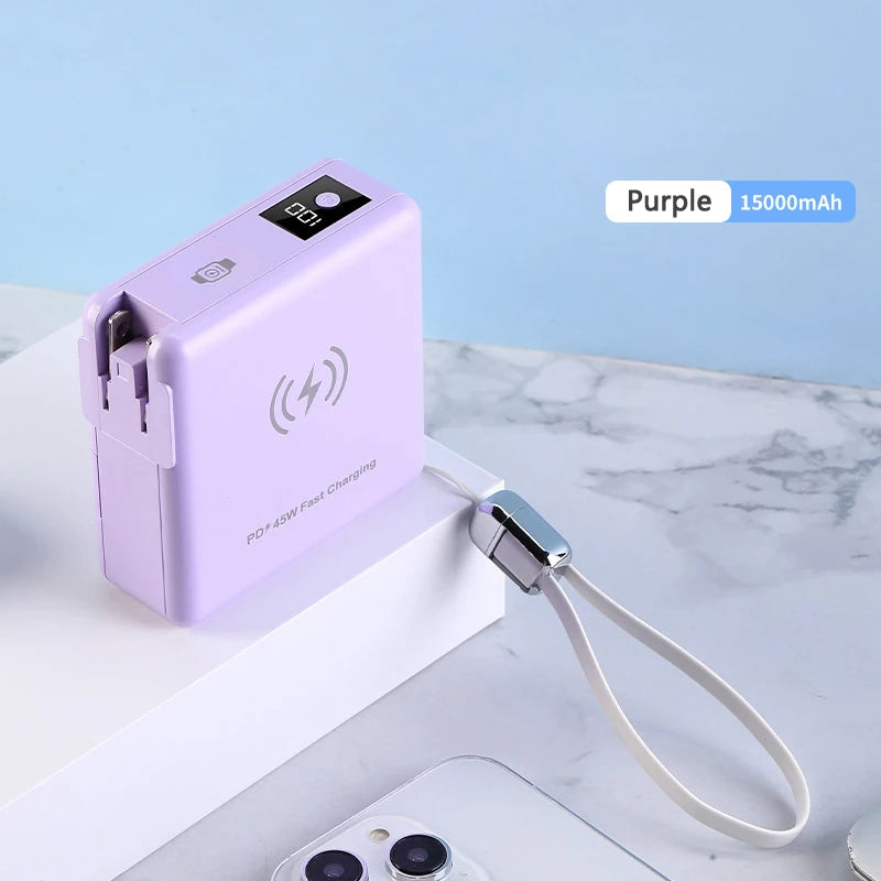 15000mAh Magsafe Power Bank with AC Plug Wall Charger Magnetic Wireless PD45W Fast Charger for iPhone 16 iWatch Laptop Powerbank