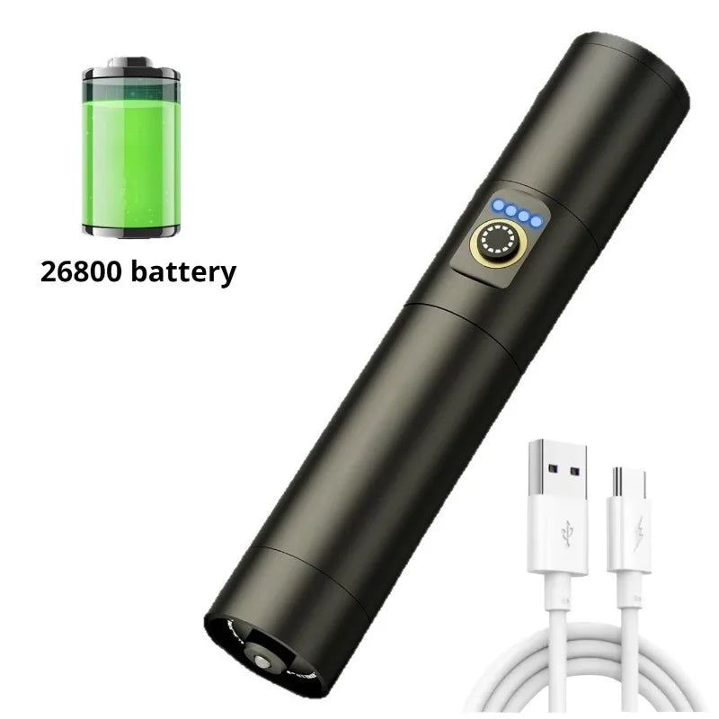 Strong Light LED Flashlight Type-C Charging Telescopic Zoom Waterproof Aluminum Alloy Portable Torch Outdoor Hiking Night Ride