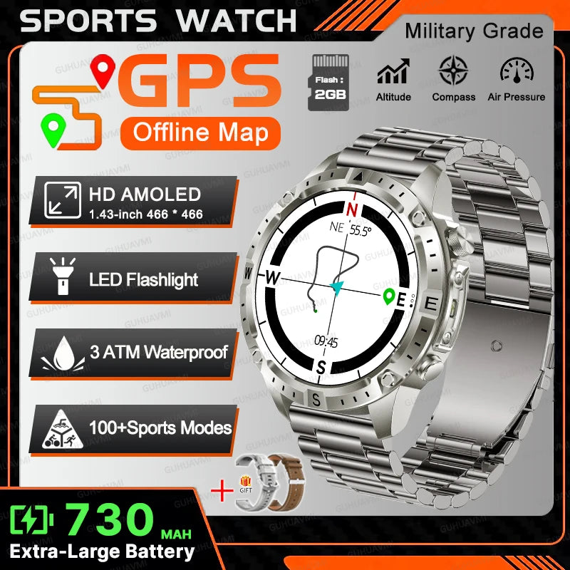 2026New Outdoor Military GPS Navigation Men SmartWatch Offline Map 2GB RAM 730 mAh Compass Flashlight 1.43" AMOLED HD Call Watch