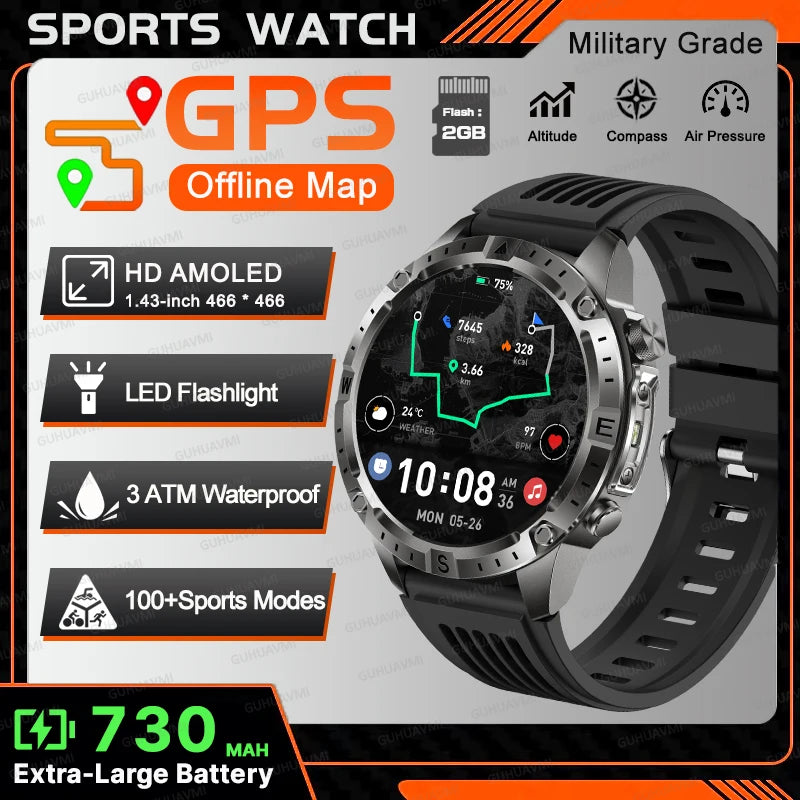 2026New Outdoor Military GPS Navigation Men SmartWatch Offline Map 2GB RAM 730 mAh Compass Flashlight 1.43" AMOLED HD Call Watch