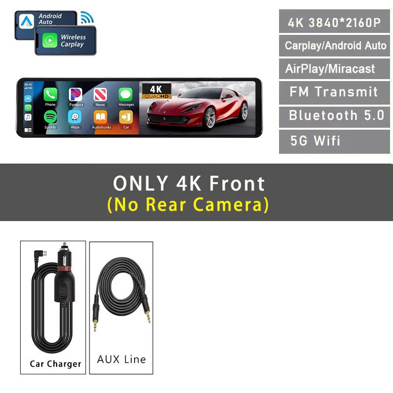 11.26" 4K 2160P Dash Cam Carplay Android Auto Car DVR Dual Lens Wifi GPS BT FM Video Drive Recorder Stream Mirror Dashcam Camera