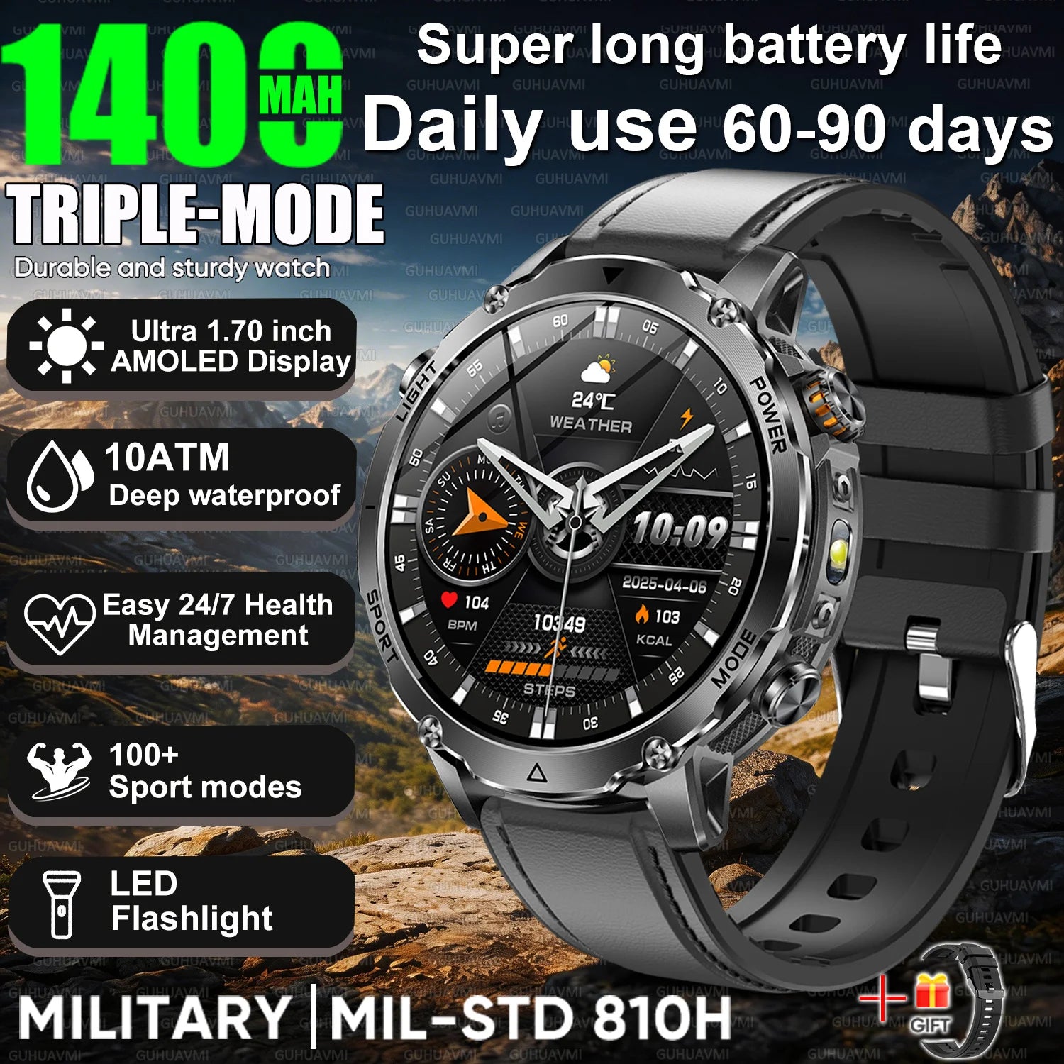 Newly Durable 1400mAh Large Battery Smart Watch Men 1.7" HD Screen IP68K Waterproof LED Flashlight Sports BT Call Smart Bracelet