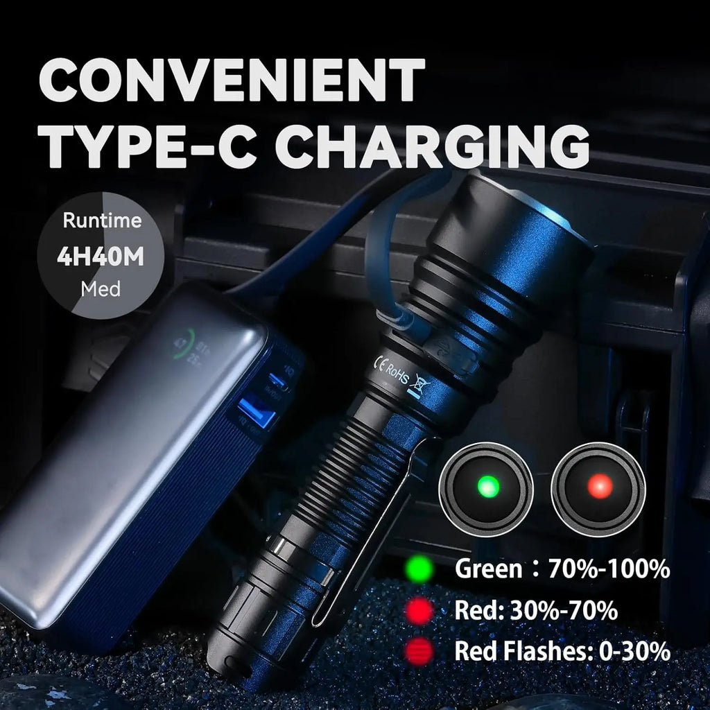 3200 Lumens Tactical Flashlight, USB-C Rechargeable EDC, 580m Long Throw, Dual Switches for Outdoor Camping Hiking