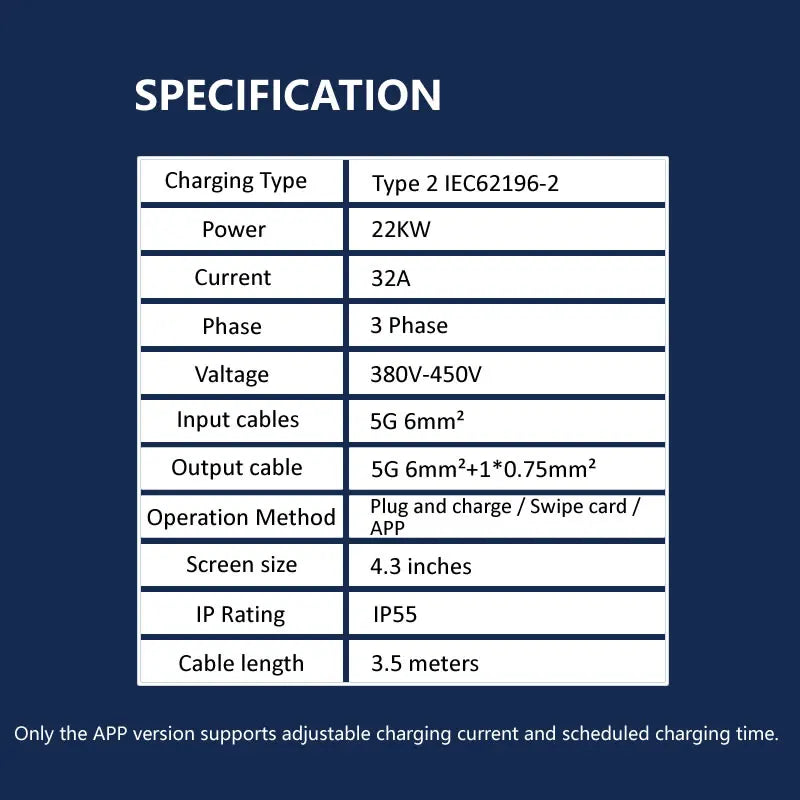 JIGU 22KW Electric Vehicle Charger Type 2 Charging Cable 3-Phase 32A 380V EV Charger Type 2 Wallbox Car Charging Station 3.5m